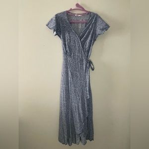 Ecowish small wrap dress in blue and white floral and flutter sleeves
